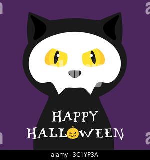 Minimalist Halloween card with a cat. Black cat with a skull on his face. Vector illustration Stock Vector