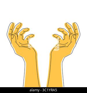 Raised human hands outline. Arms reaching to the sky. Outstretched hands line art. Vector illustration Stock Vector