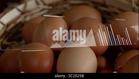Presenting brown and cream eggs nestling in wicker basket in kitchen, with digital graphs overlay Stock Photo