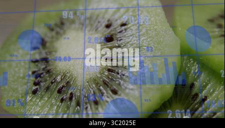 Displaying central kiwi slice showing data overlays on digital interface, with blue grid and charts Stock Photo