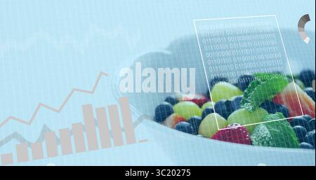 Presenting white bowl with berries grapes and mint on mockup surface, digital overlays, copy space Stock Photo
