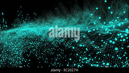 Flowing teal spherical particles wave creating motion against black background with digital art Stock Photo