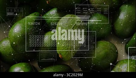 Displaying green limes filling macro frame, with numeric UI panels, grid overlays and node network Stock Photo