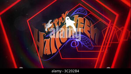 Displaying Happy Halloween text glowing on virtual stage, with ghosts, spider webs, red neon frames Stock Photo