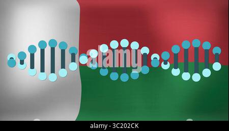 Displaying stylized DNA helix waveforms on abstract canvas, with turquoise nodes and dark blue bars Stock Photo