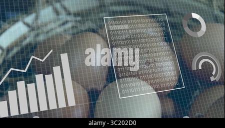 Displaying bar chart trend line, binary code panel and circular gauges on interface grid overlay Stock Photo