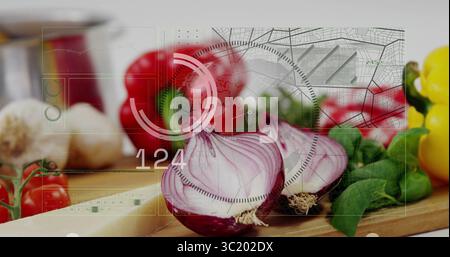 Displaying halved red onion resting on wooden board on kitchen countertop, with digital overlay Stock Photo