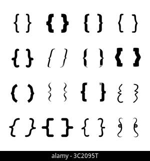 Set of Decorative Curly Brackets in Various Styles. This illustration features a diverse collection of curly brackets displayed in a grid layout. Stock Vector
