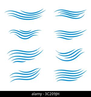 Blue Wave Line Set. Abstract Flowing Curves Collection Illustration. These illustrations convey a sense of motion, water, wind or energy. Stock Vector