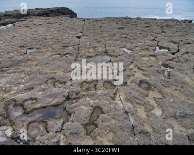 Weathered limestone pavement stretches toward the ocean, creating a striking geological scene at Burren, Ireland. Stock Photo