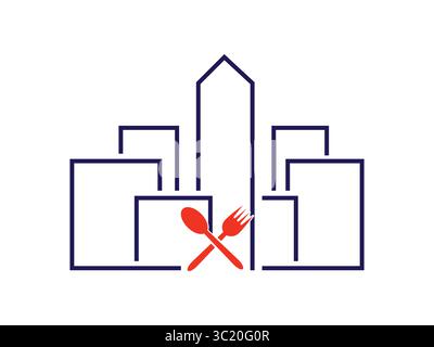 Flat icon of a modern high rise restaurant building, ideal for maps, apps, UI, infographics, and branding. Sleek skyscraper design with food and hospi Stock Vector