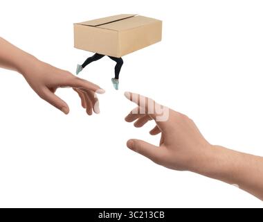 Cardboard box with woman's legs jumping onto man's hand against white background. Delivery Stock Photo