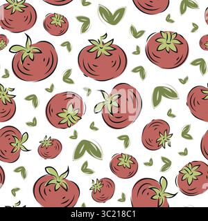 Vector playful red hand-drawn tomato seamless pattern background. Retro painterly tomatoes on white backdrop. Vintage kitchen look. Retro vintage Stock Vector
