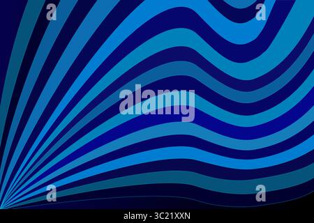 Abstract design featuring wavy stripes in varying shades of blue, ranging from light to dark. The stripes radiate from a focal point in the lower left Stock Vector