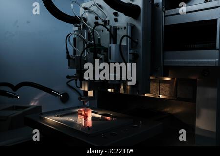 April 15, 2019 - Tel Aviv, Israel - A 3D printer is in the process of printing a human heart. In a major medical breakthrough, Tel Aviv University researchers have printed the worldâ€™s first 3D vascularised engineered heart including cells, blood vessels, ventricles and chambers using a patientâ€™s own cells and biological materials. Until now, scientists in regenerative medicine have been successful in printing only simple tissues without blood vessels. Scientists in the laboratory of Prof. Tal Dvir claim study paves the way to a future in which patients will no longer have to wait for trans Stock Photo