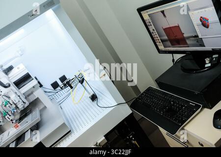 April 15, 2019 - Tel Aviv, Israel - A 3D printer is in the process of printing a human heart. In a major medical breakthrough, Tel Aviv University researchers have printed the worldâ€™s first 3D vascularised engineered heart including cells, blood vessels, ventricles and chambers using a patientâ€™s own cells and biological materials. Until now, scientists in regenerative medicine have been successful in printing only simple tissues without blood vessels. Scientists in the laboratory of Prof. Tal Dvir claim study paves the way to a future in which patients will no longer have to wait for trans Stock Photo
