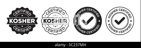 Kosher certified stamp Icons set in solid black and outlined. Kosher Certified Badge stamp Vector Icons Set for Food Labelling and Packaging Design Stock Vector