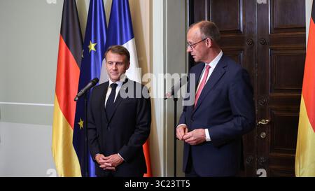 Berlin, Germany, 23th Juli 2025. Joint press statement by Federal Chancellor Friedrich Merz (GER) and the President of the French Republic, Emmanuel Macron (FRA). Photo: Klaus Kroenert Credit: Klaus Kroenert/Alamy Live News Stock Photo