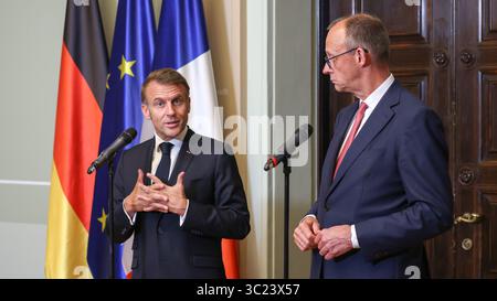 Berlin, Germany, 23th Juli 2025. Joint press statement by Federal Chancellor Friedrich Merz (GER) and the President of the French Republic, Emmanuel Macron (FRA). Photo: Klaus Kroenert Credit: Klaus Kroenert/Alamy Live News Stock Photo