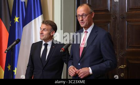 Berlin, Germany, 23th Juli 2025. Joint press statement by Federal Chancellor Friedrich Merz (GER) and the President of the French Republic, Emmanuel Macron (FRA). Photo: Klaus Kroenert Credit: Klaus Kroenert/Alamy Live News Stock Photo