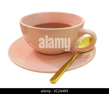 Pink cup of tea with gold teaspoon isolated on white background. Stock Photo