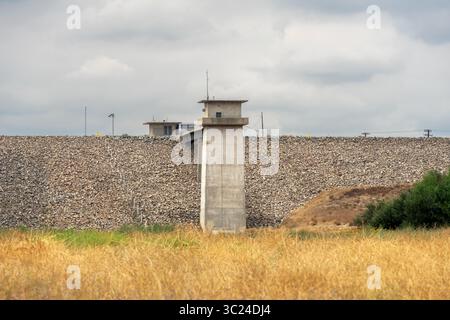 Brea, CA, USA - July 22, 2025: View of the Carbon Canyon dam with a overcast sky in the North Orange County City of Brea, California. Stock Photo
