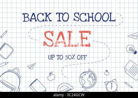 Back to school sale banner with hand-drawn school supplies on checkered paper background. Vector illustration with discount text and outlined education elements Stock Vector