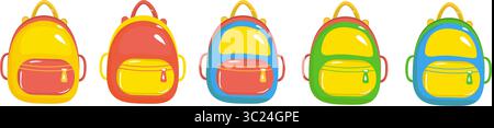 Set of colorful school backpacks: yellow, red, blue, and green. Vector illustration on a white background. School supplies and education concept Stock Vector