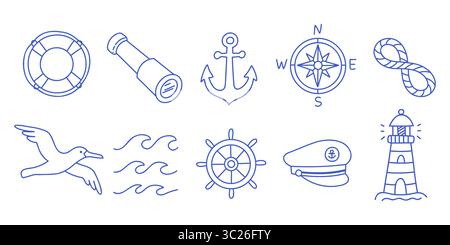 Set of 10 vector nautical icons. Marine navigation and sailing objects pack. Blue line editable vector elements Stock Vector