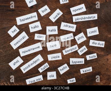 European Languages, Word Hello In Different Language Spoken In Europe, Concept Of Multilingual Business And Community, Multilingualism In The EU Stock Photo