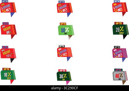 Multi-color discount tag set vector design with up to 95 percent off labels for flash sales Stock Vector