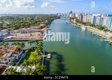 Miami Beach Florida,aerial overhead view from above looking down,4900 block Collins Avenue,high-rise midrise oceanfront condominium buildings,Indian C Stock Photo