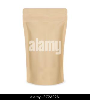 Paper package blank template. Craft pouch, snack zip pack. Tea packaging, healthy snack product advertising. Recycling cardboard packaging, spice bran Stock Vector