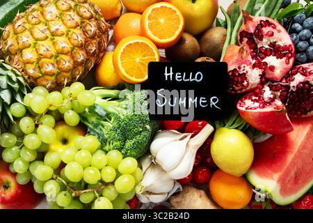 Various of healthy fresh vegetables and fruits. Healthy food for diet. Vegan food concept Stock Photo