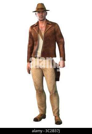 3D rendered illustration of a confident man wearing a brown leather jacket, tan pants, and a fedora hat. He has a shoulder bag, evoking the look of an Stock Photo