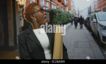 Young african american woman studying rolled blueprints while looking upward on street; confidence determination. Stock Photo