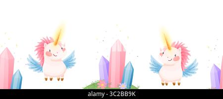 Seamless border with pink unicorns and colorful crystals Stock Vector