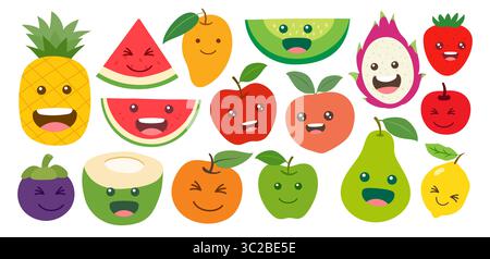 Cute summer fruits kawaii face smile illustration. Collection of different tropical fun fruits. Stock Vector