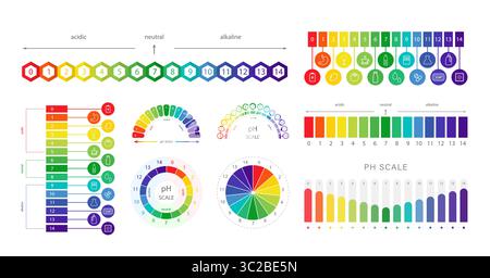 PH Scale. Chart of values and balance level of ph. Infographic on acid-base measurement. Set of Vector illustration in flat style Stock Vector