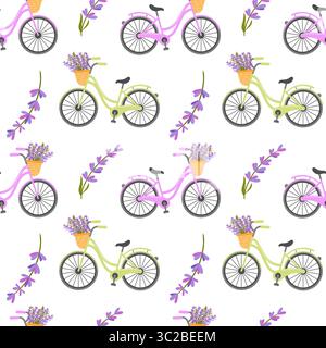 seamless pattern with bicycles and lavender flowers, perfect for spa, wellness, or nature themed designs. Stock Vector