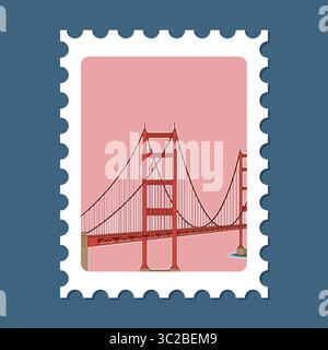 Vector illustration of a famous red suspension bridge on a postage stamp with a pink background and blue border Stock Vector