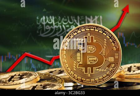 Bitcoin rising with Saudi Arabia flag in the background. Bitcoin with Saudi Arabia flag in the background Stock Photo