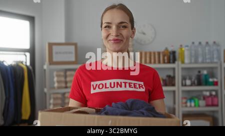 Woman holds large cardboard donations box with hands in building filled with shelves and clothing donations; generosity. Stock Photo