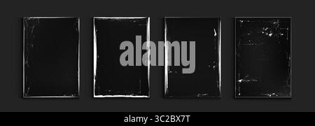 Worn paper frames with grunge borders on black background. Vintage rectangular shapes with white distressed edges and scratched textures. Old document overlays for retro scrapbook designs effects. Stock Vector