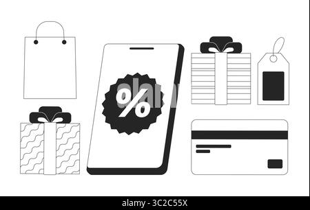 Online shopping and payment 2D line objects set Stock Vector