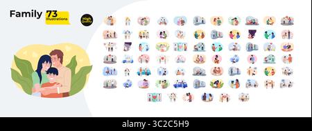 Heartwarming family moments and relationship cartoon flat illustrations mega bundle Stock Vector
