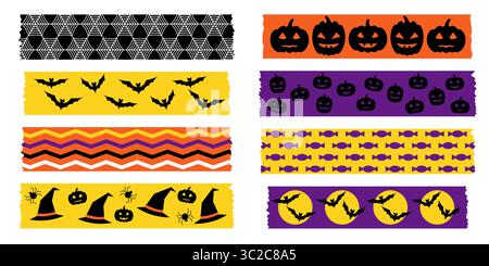 Vector Halloween washi tape collection with decorative strips in black orange and purple. Featuring cute bats pumpkins and spiders. Ideal for festive Stock Vector