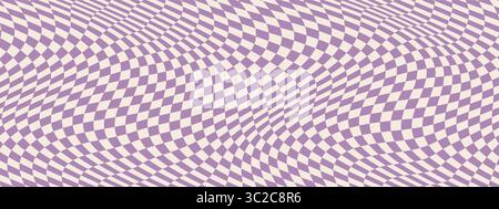 Wavy psychedelic checkerboard featuring retro grid patterns and groovy textures. Abstract Y2K checks with trippy color waves in vector design. 70s Stock Vector