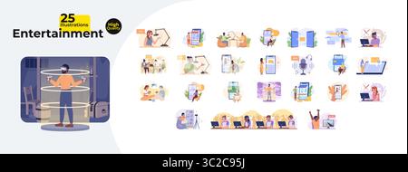 Modern digital entertainment and livestreaming cartoon flat illustrations mega bundle Stock Vector