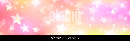 Sparkle unicorn background with glowing stars scattered on pink, yellow and red gradient. Magical bokeh lights floating on soft pastel bg for dreamy fantasy design, shimmering celestial atmosphere. Stock Vector